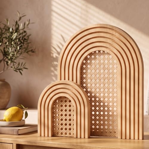 Chumia 2 Sets Wooden Arch Decor Rattan Shelf Boho Wall Decor for Fireplace Mantel Vintage Espresso Finish Mid Century Modern Decorative Object Farmhouse Accents for Living Room Kitchen Home Office