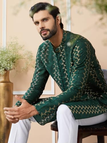 Image of See Designs Men's Long Sleeve Mandarin Collar Side Slit Embroidered Thread Work Sequinned Chanderi Silk Straight Kurta with Pyjama
