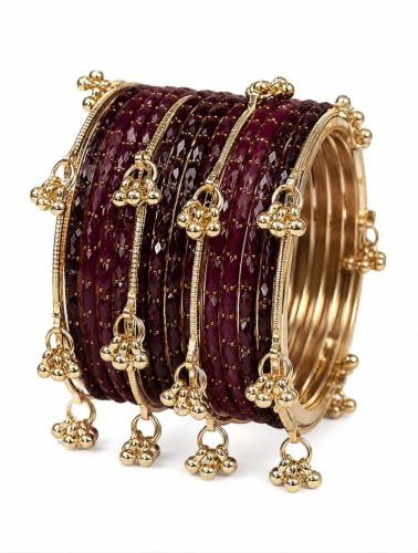 Image of JPS 16 Pcs Trendy Stylish Glass & Kashmiri Ghungroo Bangles Set for Women & Girls | Gold-Plated Traditional Festive Wedding Party Jewellery Chudi Set (12 Glass + 4 Metal)