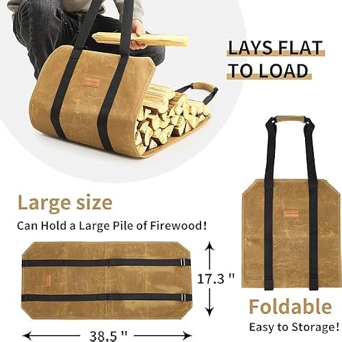 CYUREAY Sac à dos de transport pour bûches de bois de chauffage résistant à l'eau avec sangles réglables en toile cirée pour camping intérieur et extérieur, kaki, 97.8 cm x 44 cm – vue 4