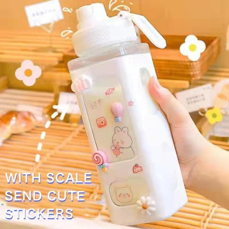 Vista 4 de Kawaii Water Bottle with Straw Cute Large Water Bottles with Kawaii Stickers Aesthetic Leakproof Square Drinking Bottle (Pink)