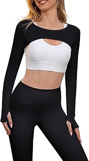 Women Long Sleeve Crop Top Bolero Thumbhole Workout Cropped Shirts Sports Shrug
