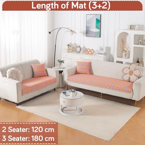 Image of HOKIPO 300 GSM Cotton Acrylic Jacquard Sofa Cover Mat for 5 Seater (3+2) with Tassel, 'Trivana Series' Coral Orange (IN-936+934-J2)