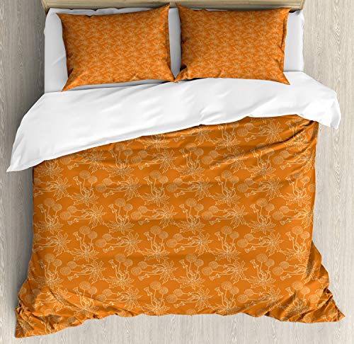 Ambesonne Burnt Orange Duvet Cover Set, Dandelions Poppies And Wildflowers Silhouettes Romantic Garden Art, Decorative 3 Piece Bedding Set With 2 Pillow Shams, King Size, Orange White #TOP28