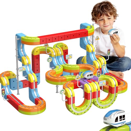 Elektrisches Eisenbahn Set, DIY Electric Train Set mit Schwerkraft Defying 3D-Layouts & Magisches Schienen WüRfel, Zugstrecken-Set Spielzeug Geschenk für Kinder ab 3–12 Jahren (141PCS)