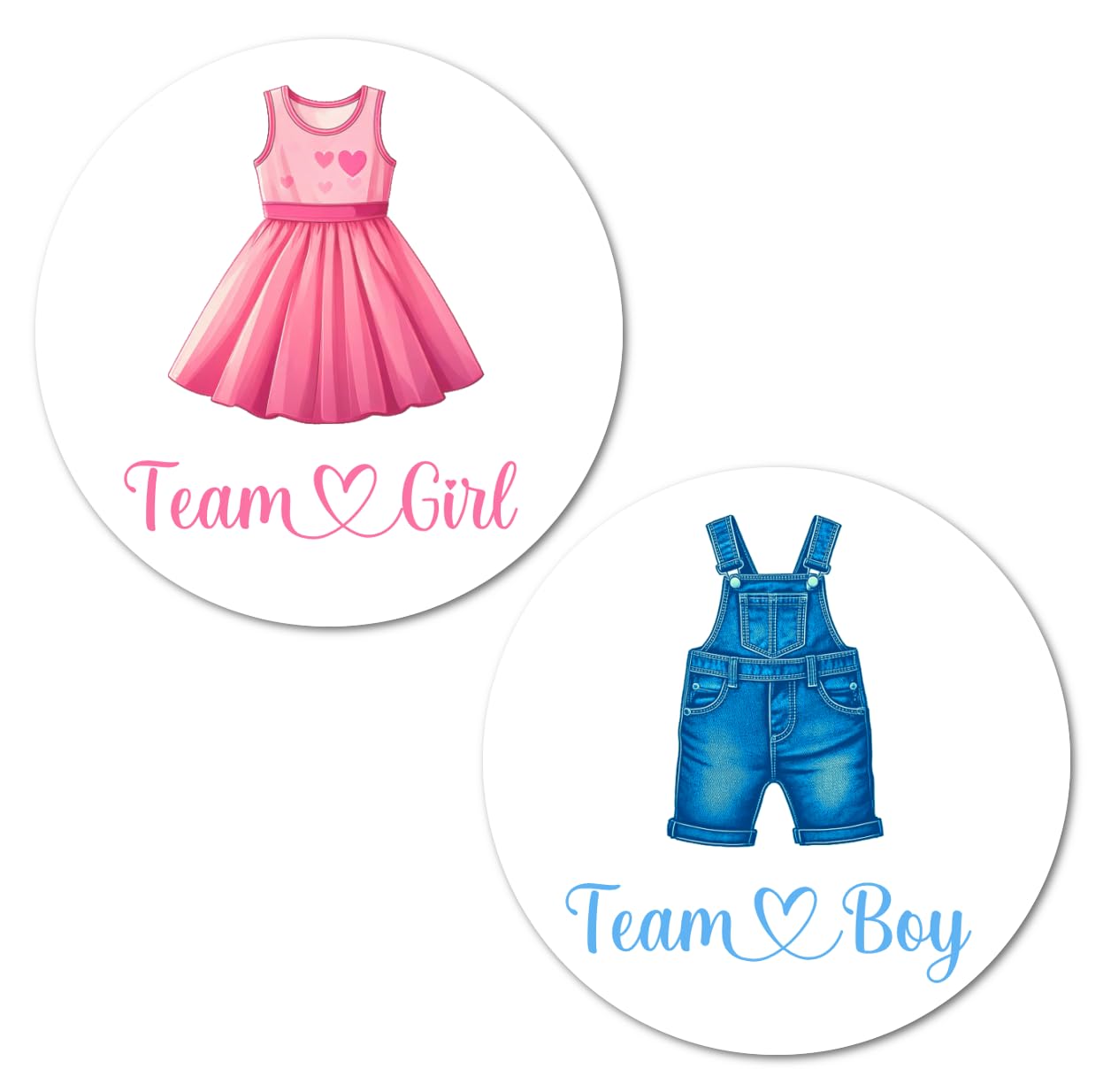 40 Wardrobe Gender Reveal Stickers, Dress Overall Team Girl Team Boy, 2 Inch Big Round Glossy Labels, Clothes Pink and Blue Decals, Baby Shower Party