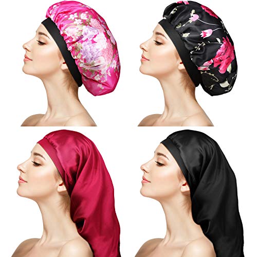 2 Pieces Long Satin Bonnet Sleep Caps and 2 Pieces Round Satin Bonnet Sleeping Cap Head Hat Covers for Women Girls (Black, Wine Red, Floral)