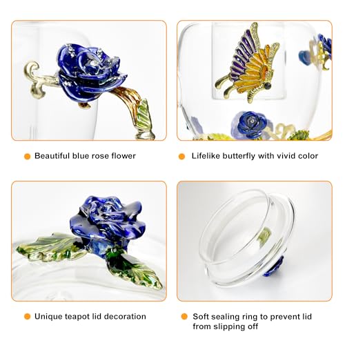 Tetera de cristal esmaltado con rosa azul: el regalo ideal para el Día de la Madre y cumpleaños 8