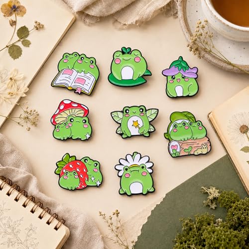 Image of 8Pcs Kawaii Frog Enamel Pin Set Cute Cartoon Frog Brooches, Lapel Pins for Backpacks, Jackets, Hats, Perfect Gifts for Women, Teens