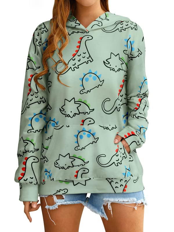 RMCMS Women Dinosaur Funny Hoodie Sweatshirt Pocket Crewneck Casual Loose Cute Tops Long Sleeve Hoodied Pullover Shirt - Green - Medium