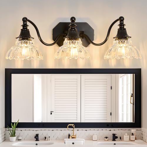 Image of hesoge Farmhouse Bathroom Light Fixture Vintage Vanity Light with Crystal Glass Shade Black 3 Light Wall Mount Lamp Over Mirror