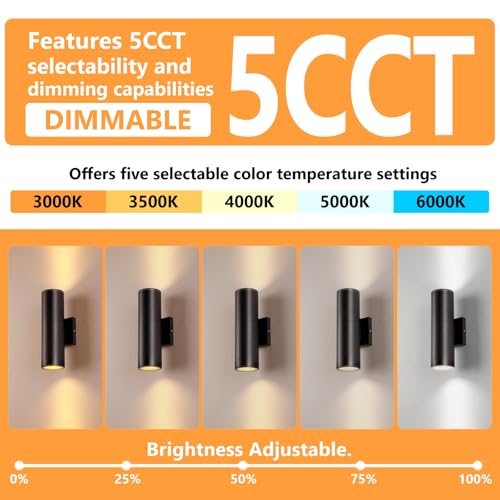 Image of DAKAFUL 5CCT Dimmable Wall Lights Outdoor 2 Packs, 3000K 5000K 6000K Integrated LED Cylinder Up Down Modern Aluminum Light, Waterproof Exterior Light for Porch Patio Door