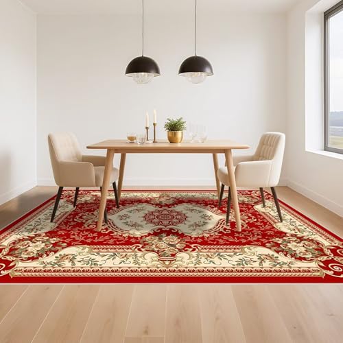 Tapis grand format rouge antidérapant 170x240cm au design floral vintage authentique - 6