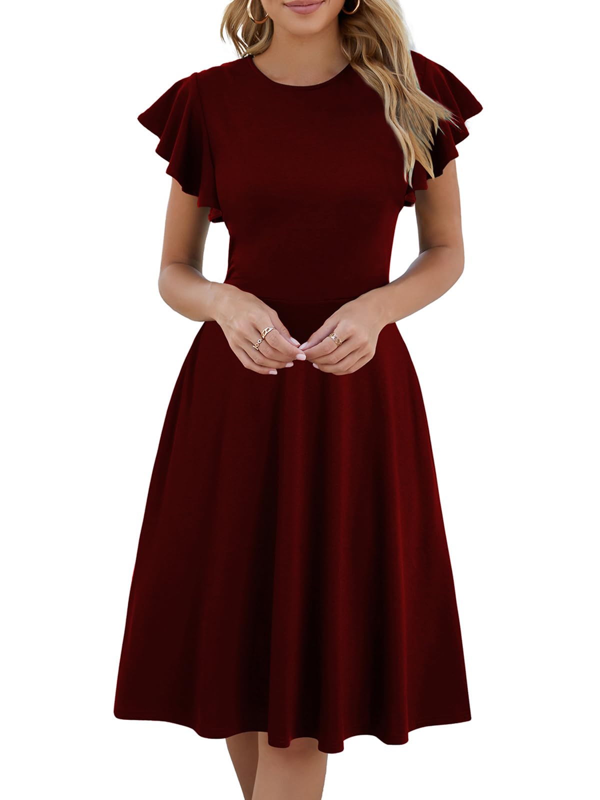 MSLG Women's Fit and Flare Ruffle Short Sleeves Dresses Work V-Back Cocktail Semi Formal A Line Dress with Pockets 842