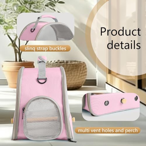 Image of Bird Carrier, Portable Small Bird Parrot Parakeet Carrier with Standing Perch and Stainless Steel Tray, Side Access Window Collapsible (Pink, Mesh Windows)
