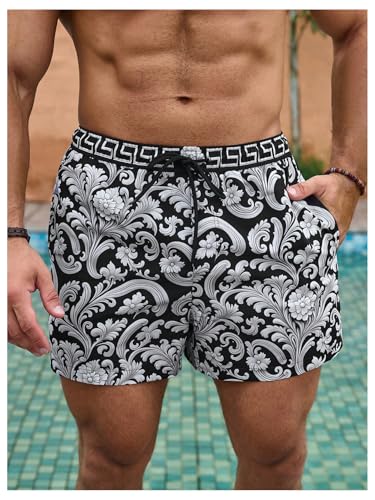 OYOANGLE Men's Boho Paisley Print Drawstring Waist Beach Shorts Summer Swim Trunks with Pocket4