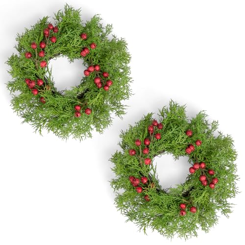 Fuxdre 2 Pcs Christmas Candle Rings Wreaths 10 Inch Candle Wreath with Artificial Red Berries and Cedar Christmas Candle Holder Indoor Decor for Home Kitchen Cabinets Centerpieces for Tables