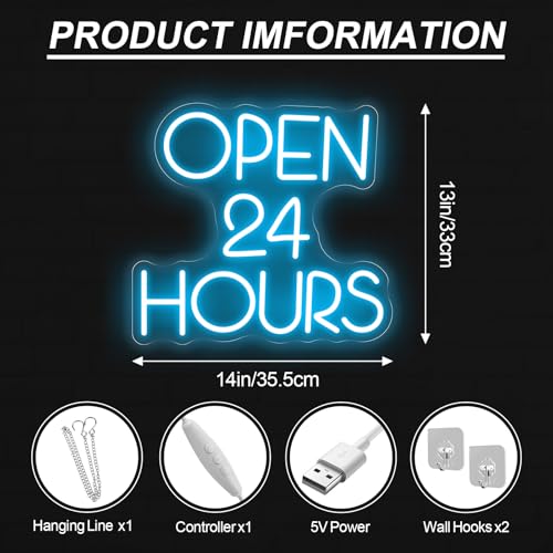Image of Open 24 Hours Neon Sign, Open Business LED Light | USB Powered Dimmable Shop Club Wall Decor Open Wall Art Welcome Sign for Shop Decor 13 inchx14 inch
