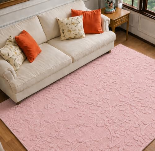 Image of HOMETHREADS Premium Plush Soft 2-Layer Faux Rabbit Fur Embossed Carpet, Washable Area Rug with Anti-Skid Backing for Living Room, Bedroom, Hall & Office, Ultra Soft Floor Carpet(Pink, 4' x 6' Feet)