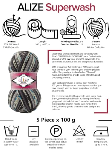 Alize Sock Yarn 5x100g Superwash Comfort Socks Wool 420 m Batik Self-Patterning Multicolour Yarn for Knitting and Crochet Sweater Vest Cardigan Blouse Scarve Hat Beanie Bootie Mitten Beret (7650) - Image 2
