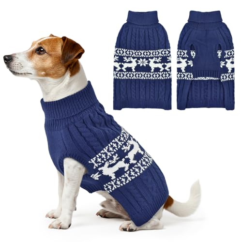 Vehomy Christmas Dog Turtleneck Sweater Christmas Pet Cable-Knit Sweater with Snowflake Pattern Cold Weather Pullover Sweaters Xmas Pet Knitwear Apparel Outfit for Small Medium Large Dogs Navy S
