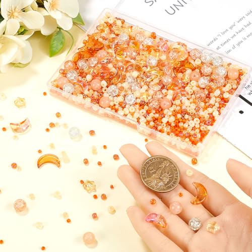 SUNNYCLUE 1 BOX ABOUT 1700+PCS Orange Bracelet Making Kit Star And Moon Beads Bulk Glass Resin Transparent Glass Round Seed Spacer Loose Beads Kit for jewellery Making Bracelet Beading Kits Diy Crafts - Image 3