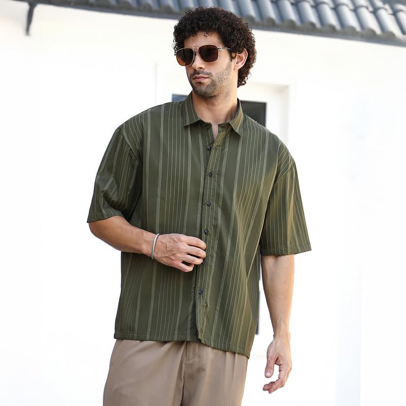 Image of CAHOOT Men's Oversized Shirt for Casual Wear | Cuban Collar | Short Regular Sleeves | Button Closure | Oversized Shirt Crafted with Comfort Fit for Everyday Wear