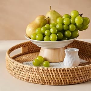 Large Rattan Serving Tray 14 in Natural Honey Colour–Woven Serving Trays with Handles for Home–Round Dining Table Tray–Wicker Serving Basket