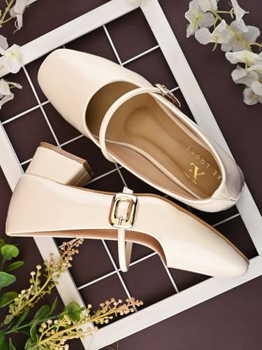 Image of XE Looks Women's Mary Jane Strap Block Heel Pumps with Glossy Upper | Closed Toe Design | Soft Cushioned Insole | Stable Supportive Heel for Girls & Women Black