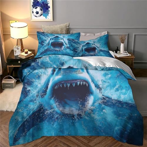 Housse de couette requin imprimé 3D avec taie d'oreiller, linge de lit microfibre - 6