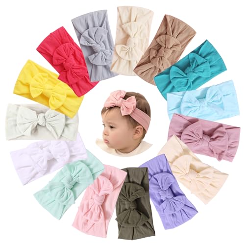 Image of Huuflyty Super Stretchy Soft Baby Girls Headbands with Bows Handmade Hair Accessories Stretchy Hairbands for Newborn Infant Toddler (HU15-15PCS, 1-8Years)
