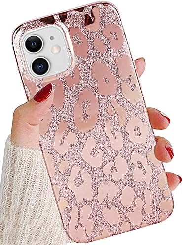 J.west Case Compatible with iPhone 12/12 Pro 6.1-inch, Luxury Saprkle Bling Glitter Leopard Print Design Soft Metallic Slim Protective Phone Cases for Women Girls TPU Silicone Cover Case Rose Gold