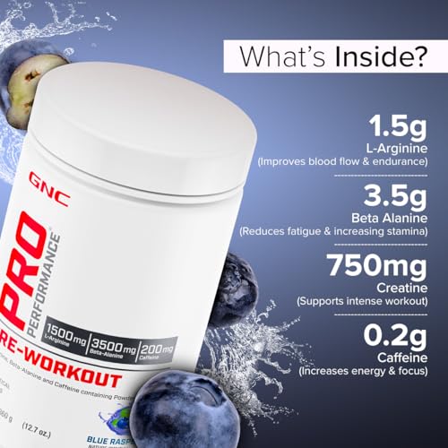 Image of GNC Pro Performance Pre-Workout | 360 gm | 30 Servings | Boosts Pump & Energy | Speeds Up Recovery | 1500 mg L-Arginine | 3500 mg Beta-Alanine | 200 mg Caffeine | Blue Raspberry