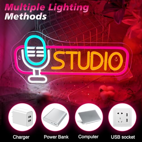 Image of Studio Neon Sign for Wall Decor Battery or USB Powered on Air LED Light Sign Recording Light Sign for Live Room Game Room Broadcasting Room Music Studio Bedroom