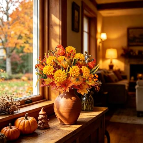 Image of 3 Bundles Fall Artificial Flowers with Pumpkin Mums Fall Cemetery Flowers