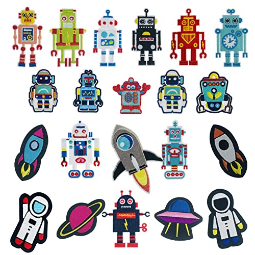Image of Woohome 21 PCS Robot Iron on Patches Solar System Rocket Embroidered Applique Sew on Embroidered Patches Applique Stickers for Clothing Shoes Jacket Jeans
