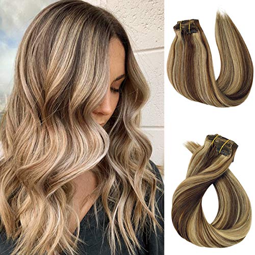 Remy Hair Extensions Brown and Blonde Highlights Clip in Human Hair Extension Soft Straight 18 Inch 140grams Full Thick Clip on Balayage Hair Weft Extensions