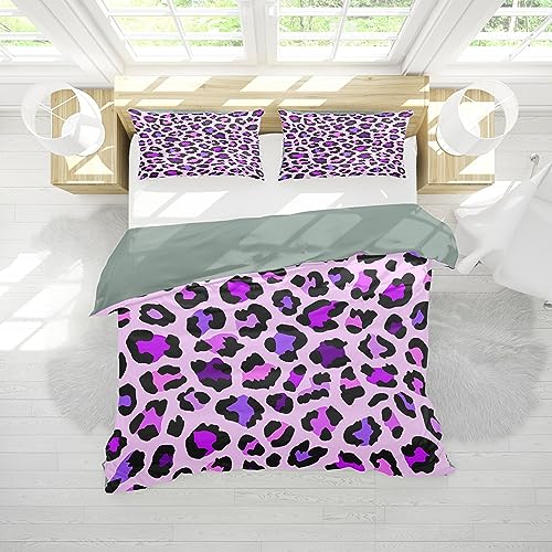 TORTILLAS BLANKET Purple Leopard Print Three-Piece Bed Set, 3-Piece Set (1 Quilt Cover + 2 Pillowcases), with a Variety of Patterns to Choose from, Suitable for Children, Family and Friends Queen