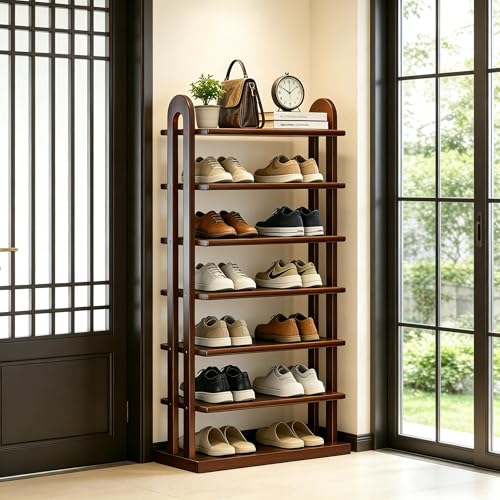 Image of 7-Tier Solid Wood Shoe Rack, Tall Narrow with Removable Shelves, Space Saving Shoe Organizer for Entryway Closet Corner Doorway, Walnut