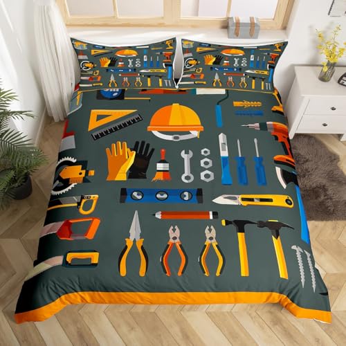 Worker Construction Hat Comforter Cover Full Brush Bedding Set Tool Box Duvet Cover for Boys GirlsBedspread Cover Room Decor Bedclothes 3pcs (1 Duvet Cover +2 Pillowcases)