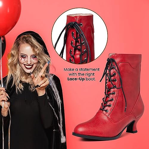 Image of Women's Victorian Ankle Boots - Mid Calf, Round Toe, Black Boots with Chunky Heel & Lace Up Detail