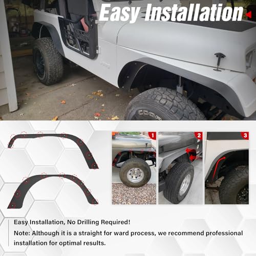 Image of YZONA for YJ Flat Front and Rear Fender Flares Compatible with 1987 1988 1989 1990 1991 1992 1993 1994 1995 Jeep Wrangler YJ, Heavy Duty Steel Off-Road Mud Guard Wheel Fender Kit (4 PCS, Black)