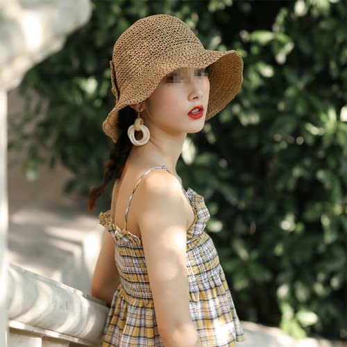 Image of GSHLLO Women Bowknot Straw Hat Foldable Outdoor Sun Hat Summer Beach Floppy Hat UV Protection Straw Cap Sun Visor Cap