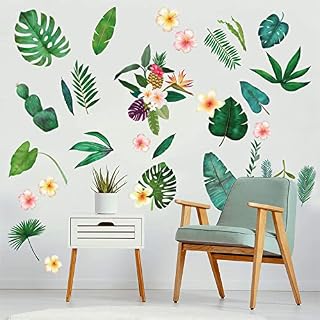 Wajade Tropical Green Leaves Wall Decals Flowers and Leaves Wall Stickers Removable Self-Adhesive Mural Wall Art for Bedrooms Living Rooms Hallway