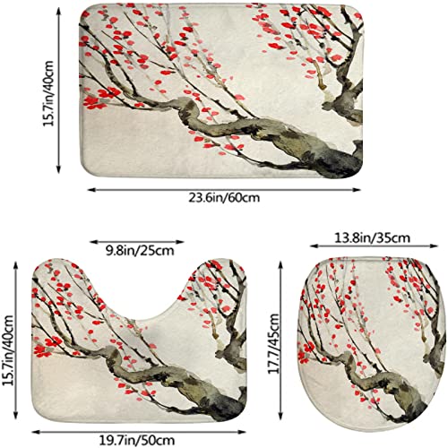 Badezimmerteppich-Set, 3-teilig, Die Leuchtend roten Blumen auf den Ästen eines Alten Baums, waschbarer Badeteppich, rutschfest, mit Rückenpolster, Konturteppich und Toilettendeckelbezug – Bild 3
