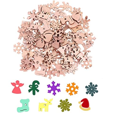 Acewen 100Pcs Mini Natural Wood Chip Christmas DIY Wood Chip Cartoon Wooden Pieces Baubles Wooden Cutout Slices DIY Crafts Wooden Xmas Tree Hanging Tags - Mixed Styles B Cover