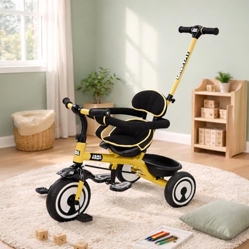 Image of Amazon Brand - Jam & Honey Tricycle for Kids | 2-in-1 with Pedalling and Parental Control Modes | Cushioned Seat | Guardrail & Anti-Slip Handle for Safety | for 2 Years+ Boys and Girls | Yellow