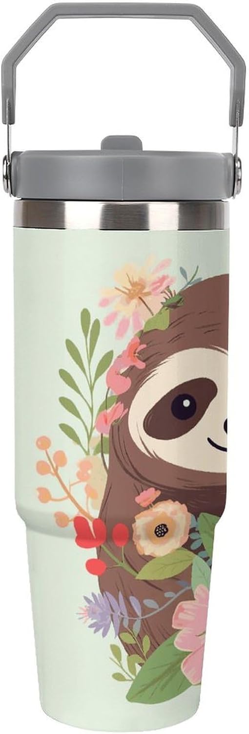Sloth And Flowers Water Bottle 30 Oz Fits Car Cup Holder,Insulated Coffee Mug Large Capacity Car Cups,Stainless Steel Double Wall Sport Bottle for Travel Sports Gym