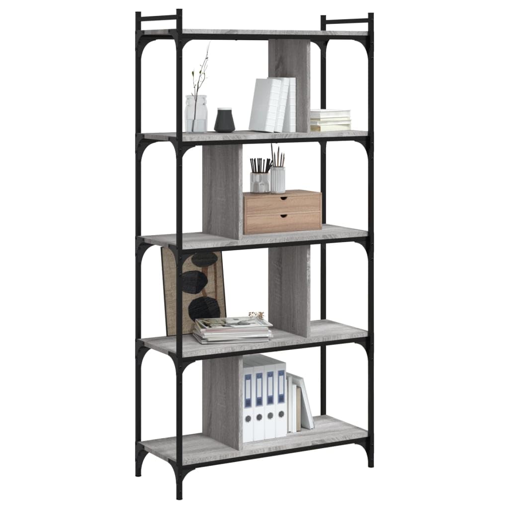Estantería industrial de cinco niveles en gris Sonoma Librería de madera para libros y decoraciones, con tres estantes y trastero, estantería con estructura de metal y madera