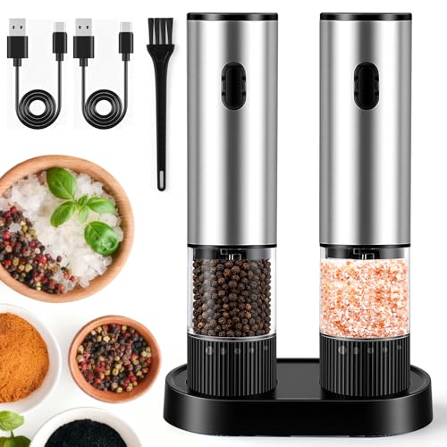 2 Pack Electric Salt and Pepper Grinder Set, Salt and Pepper Shakers with LED Light, USB C Dual Charging Base, Adjustable Coarseness, One-Hand Operation, Large Capacity for Kitchen, Dining & BBQ